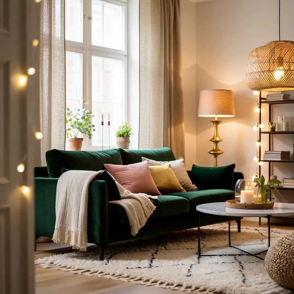 Elegant vardagsrum med textilier och belysning